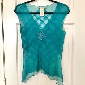 Max Studio Special Edition 100% Silk Beaded Tunic Size S Deep Blue Green Color